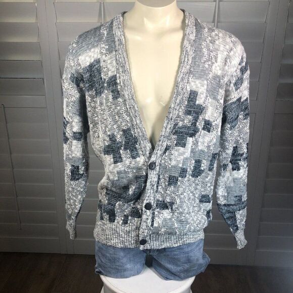Vtg 90s Men's Michael Gerald Cardigan Acrylic Sweater M Gray White Blue Grandpa - Picture 1 of 12